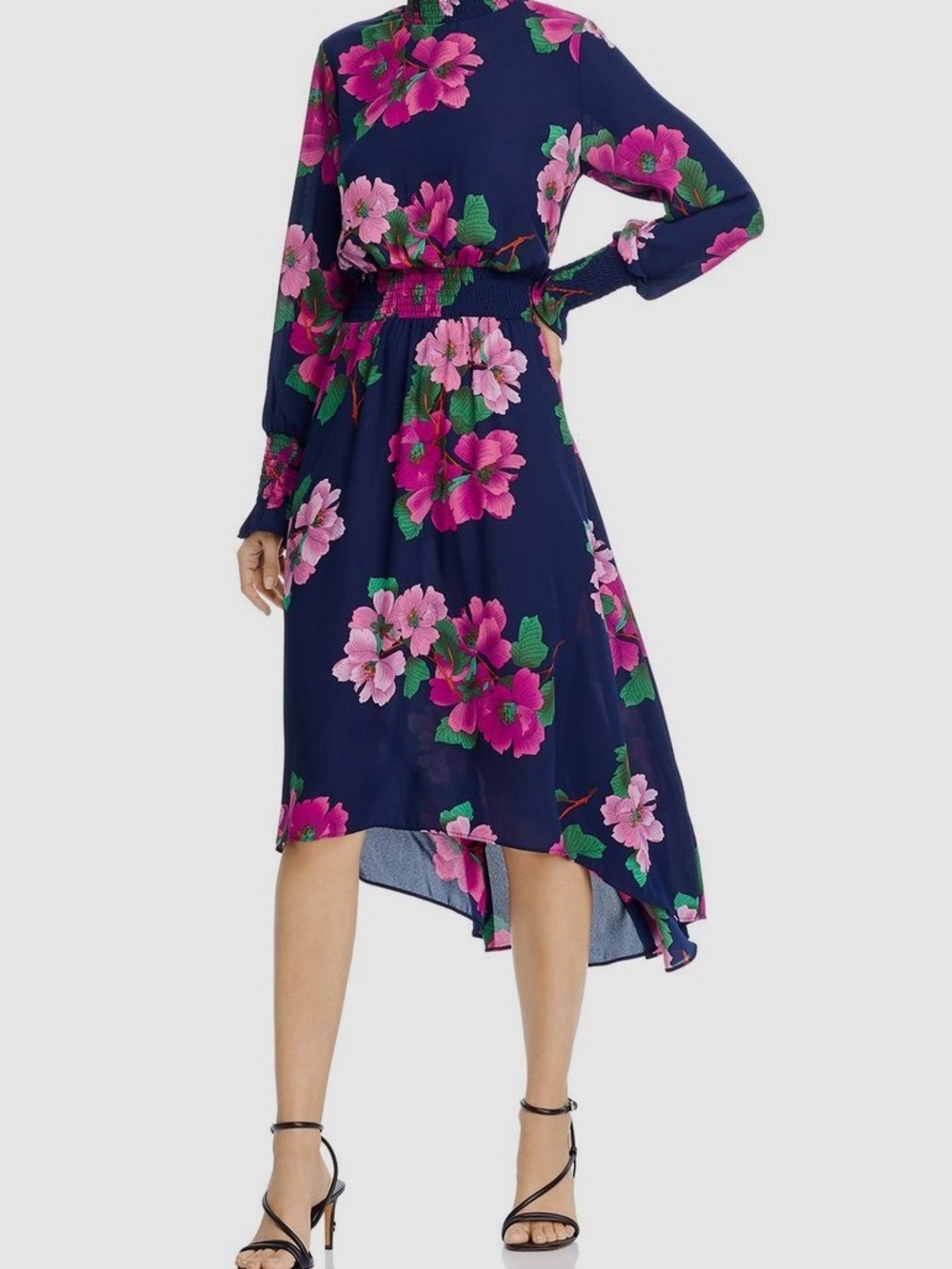 Nanette Lepore Navy Pink Floral Smocked High Low Midi Dress Long Sleeve